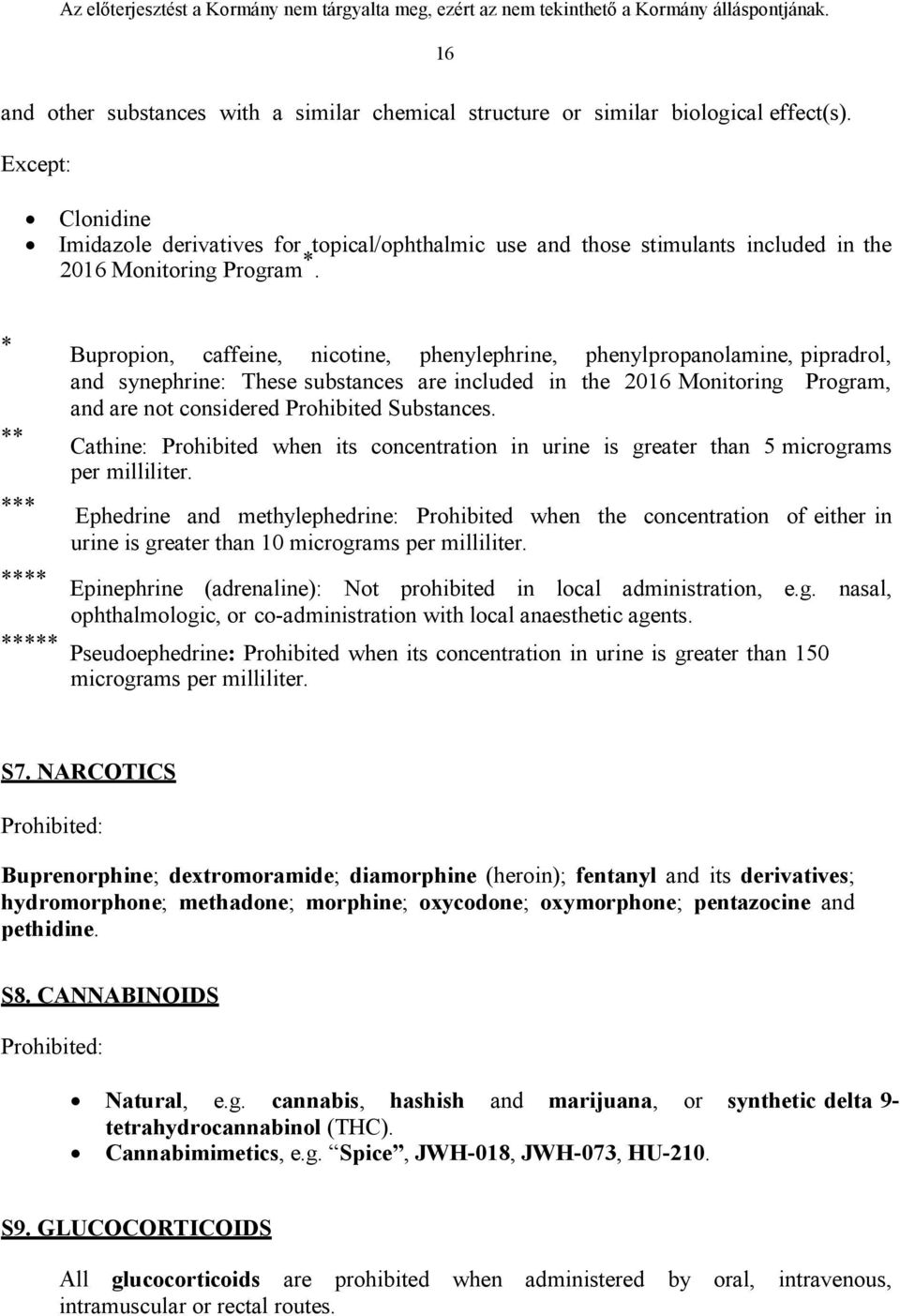 * ** *** Bupropion, caffeine, nicotine, phenylephrine, phenylpropanolamine, pipradrol, and synephrine: These substances are included in the 2016 Monitoring Program, and are not considered Prohibited