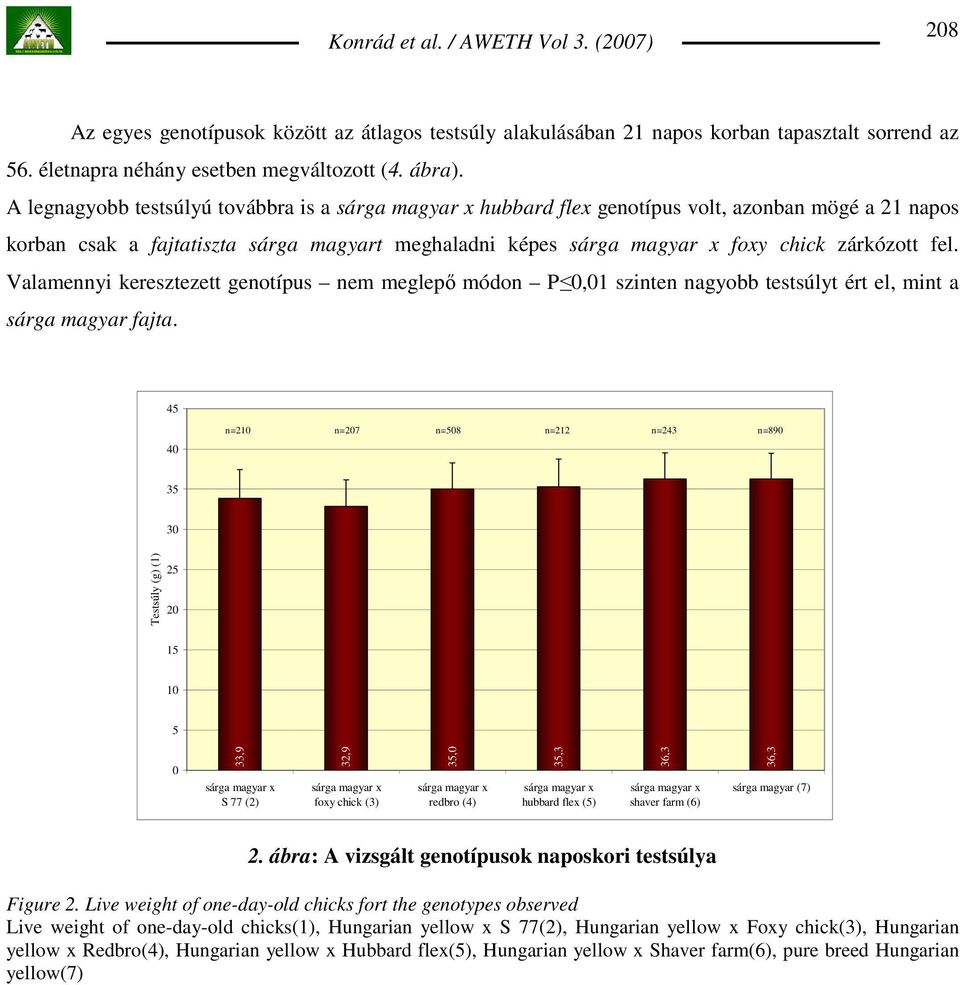 Valamennyi keresztezett genotípus nem meglepı módon P 0,01 szinten nagyobb testsúlyt ért el, mint a sárga magyar fajta.