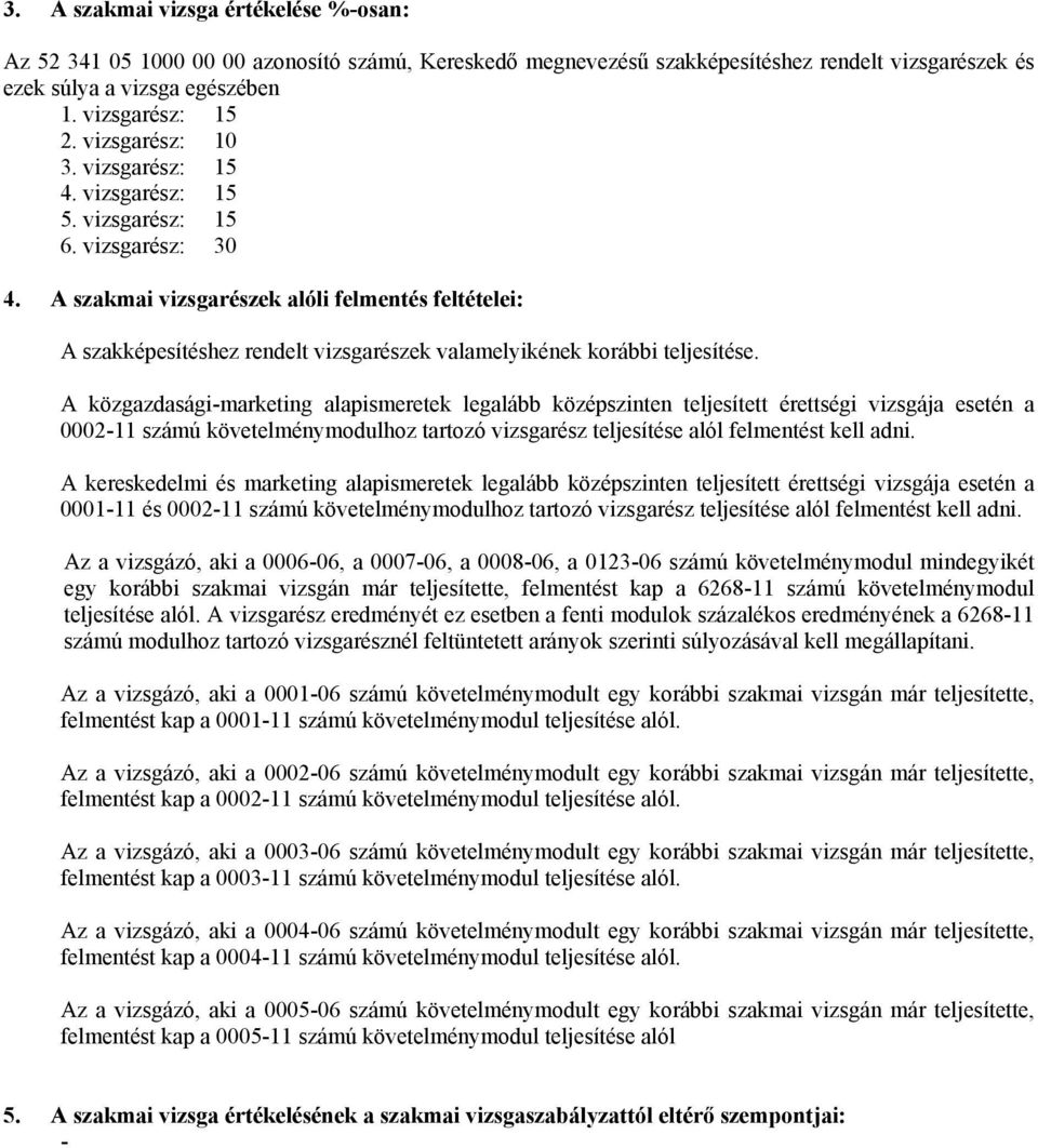 A szakmai vizsgarészek alóli felmentés feltételei: A szakképesítéshez rendelt vizsgarészek valamelyikének korábbi teljesítése.
