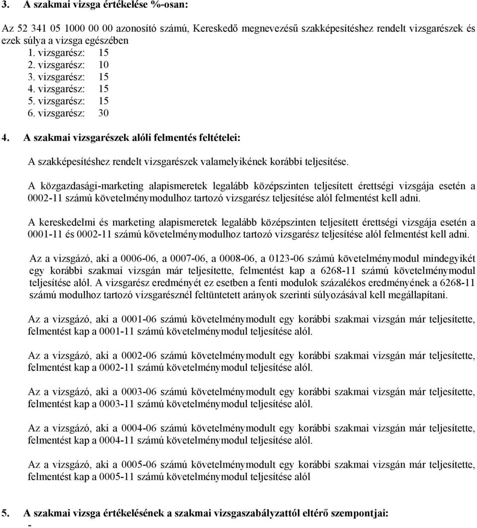 A szakmai vizsgarészek alóli felmentés feltételei: A szakképesítéshez rendelt vizsgarészek valamelyikének korábbi teljesítése.