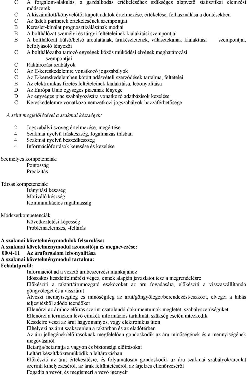 árukészletének, választékának kialakítási szempontjai, befolyásoló tényezői C A bolthálózatba tartozó egységek közös működési elvének meghatározási szempontjai C Raktározási szabályok C Az