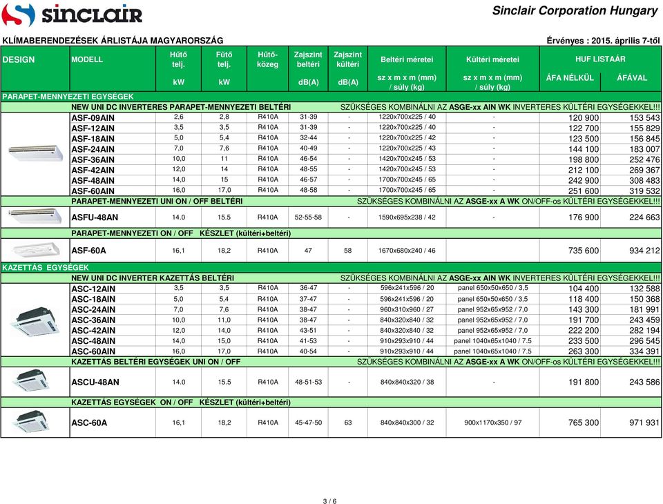 845 ASF-24AIN 7,0 7,6 R410A 40-49 - 1220x700x225 / 43-144 100 183 007 ASF-36AIN 10,0 11 R410A 46-54 - 1420x700x245 / 53-198 800 252 476 ASF-42AIN 12,0 14 R410A 48-55 - 1420x700x245 / 53-212 100 269