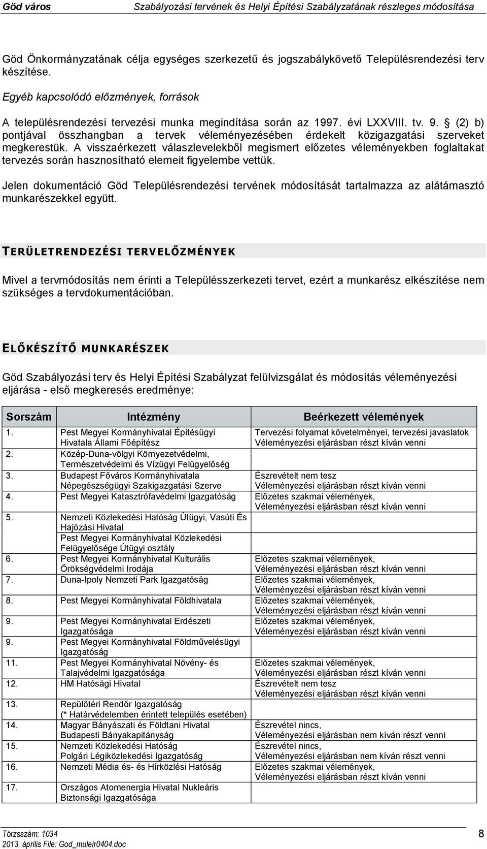 (2) b) pontjával összhangban a tervek véleményezésében érdekelt közigazgatási szerveket megkerestük.