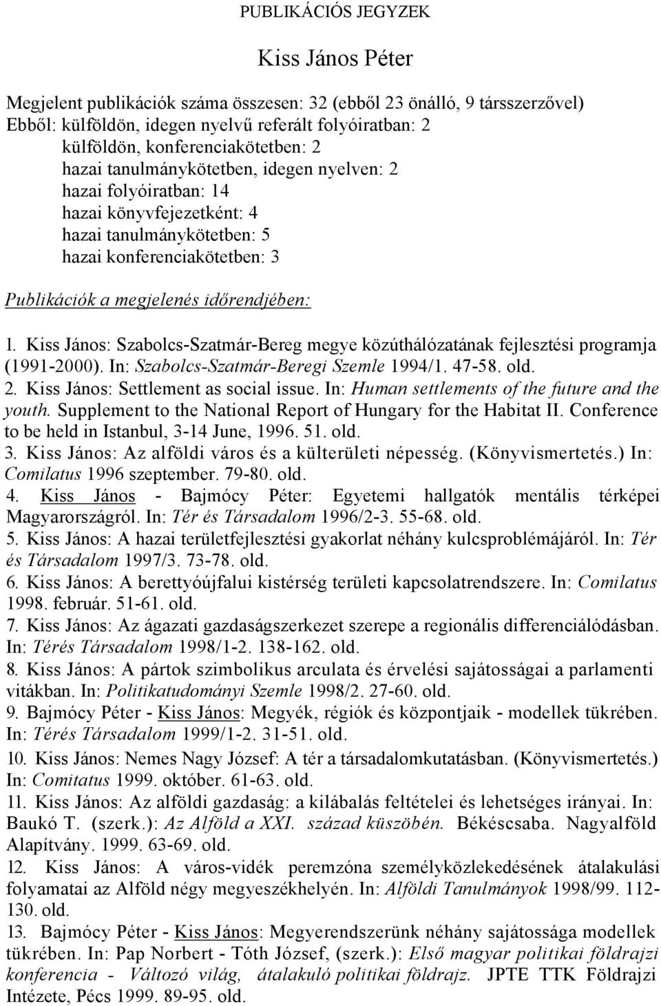 időrendjében: 1. Kiss János: Szabolcs-Szatmár-Bereg megye közúthálózatának fejlesztési programja (1991-2000). In: Szabolcs-Szatmár-Beregi Szemle 1994/1. 47-58. old. 2.
