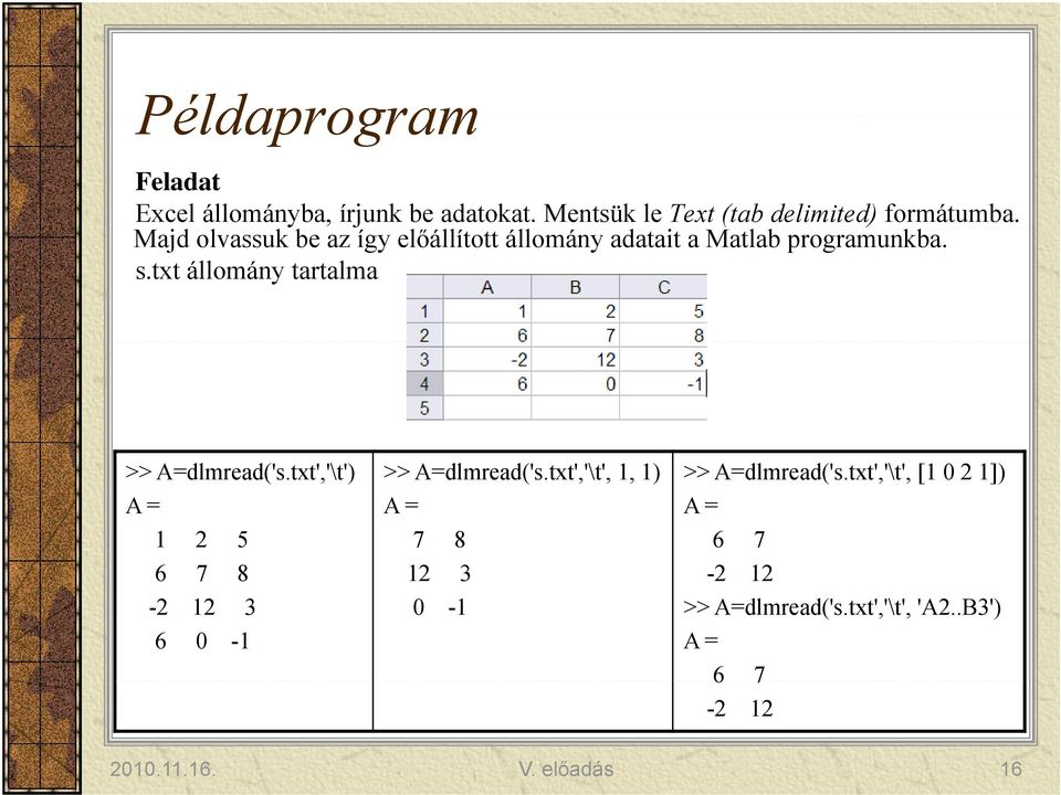 txt állomány tartalma >> A=dlmread('s.txt','\t') A = 1 2 5 6 7 8-2 12 3 6 0-1 >> A=dlmread('s.