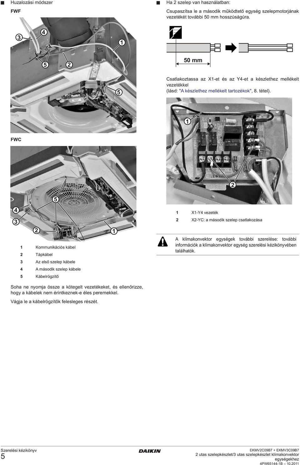 FWC Kommunikációs kábel Tápkábel Az első szelep kábele A második szelep kábele Kábelrögzítő X-Y vezeték X-YC: a második szelep csatlakozása A klímakonvektor egységek további szerelése: további