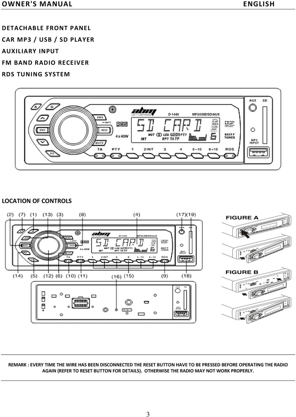 WIRE HAS BEEN DISCONNECTED THE RESET BUTTON HAVE TO BE PRESSED BEFORE OPERATING THE