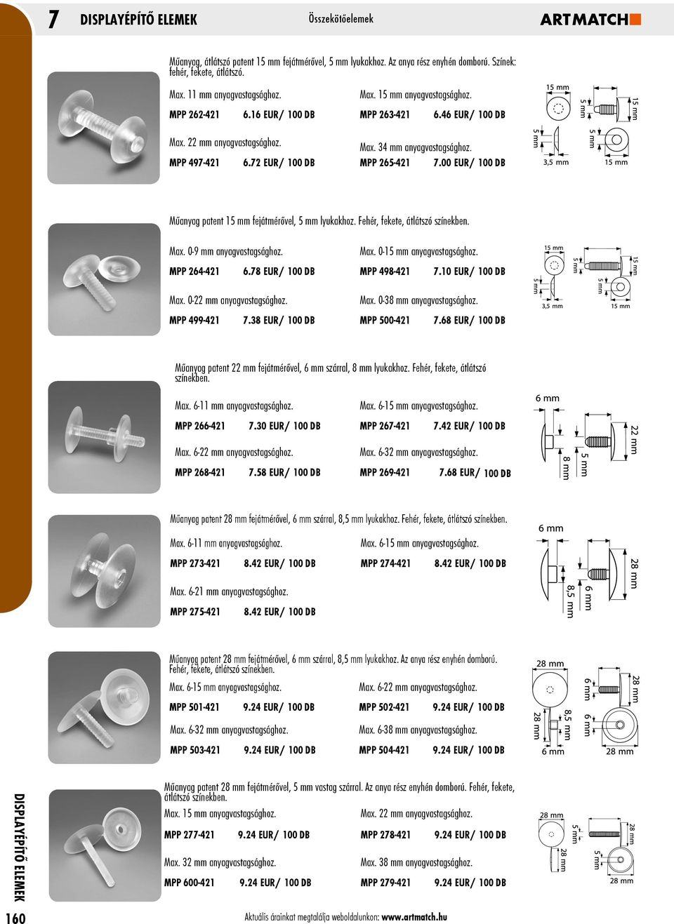 00 EUR/ 100 DB Műanyag patent 15 mm fejátmérővel, 5 mm lyukakhoz. Fehér, fekete, átlátszó színekben. Max. 0-9 mm anyagvastagsághoz. MPP 264-421 6.78 EUR/ 100 DB Max. 0-22 mm anyagvastagsághoz.