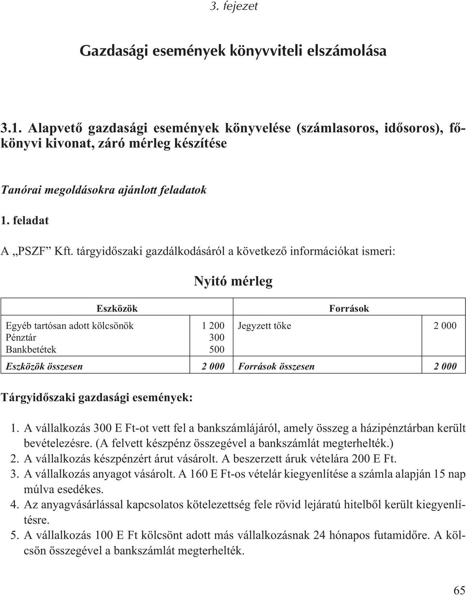 tárgyidõszaki gazdálkodásáról a következõ információkat ismeri: Eszközök Egyéb tartósan adott kölcsönök Pénztár Bankbetétek Nyitó mérleg 1 200 300 500 Források Jegyzett tõke 2 000 Eszközök összesen 2