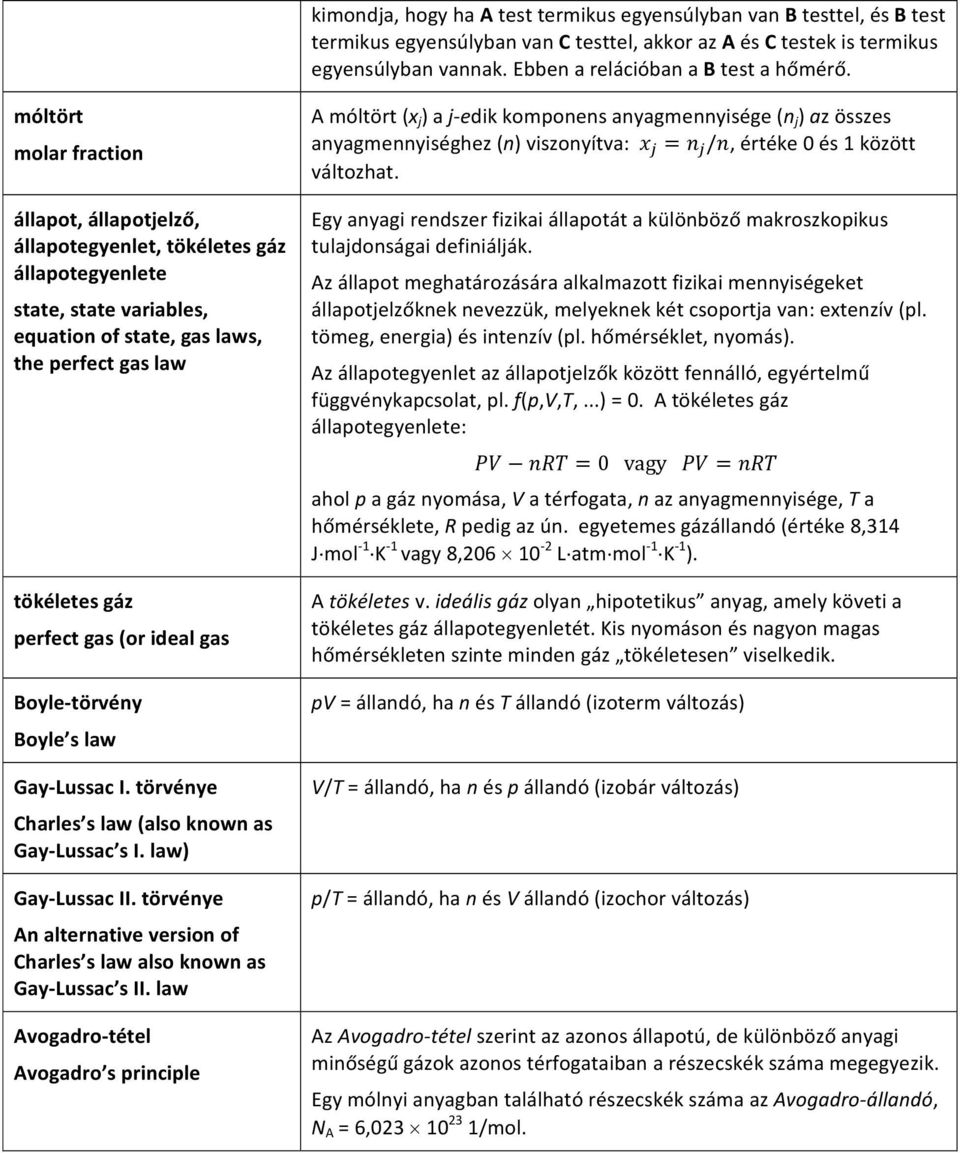 móltört molar fraction állapot, állapotjelző, állapotegyenlet, tökéletes gáz állapotegyenlete state, state variables, equation of state, gas laws, the perfect gas law tökéletes gáz perfect gas (or