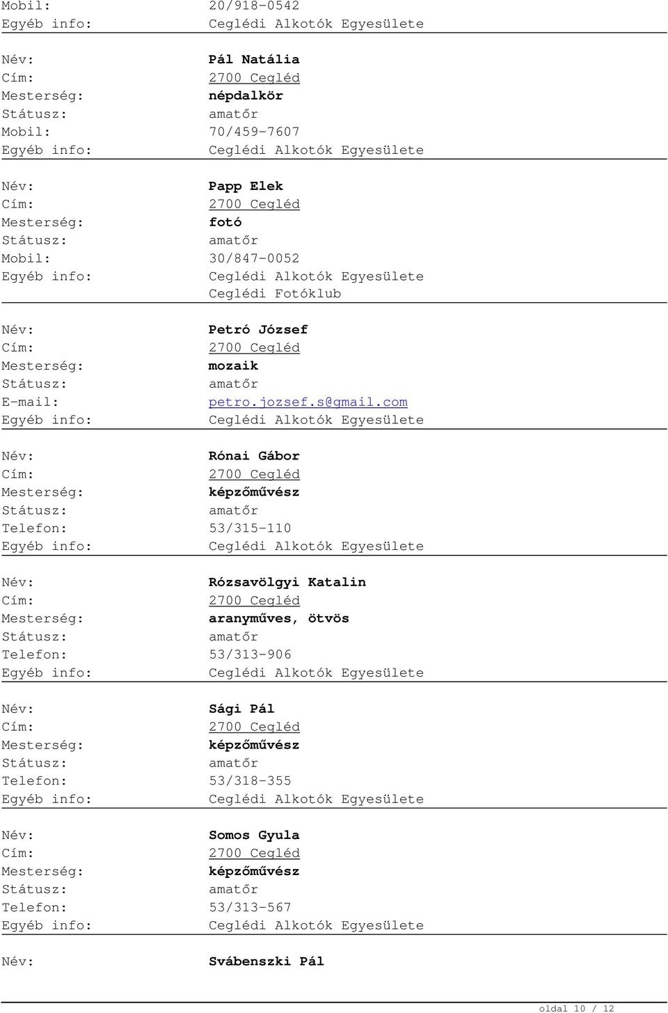 com Rónai Gábor képzőművész Telefon: 53/315-110 Rózsavölgyi Katalin aranyműves, ötvös Telefon: