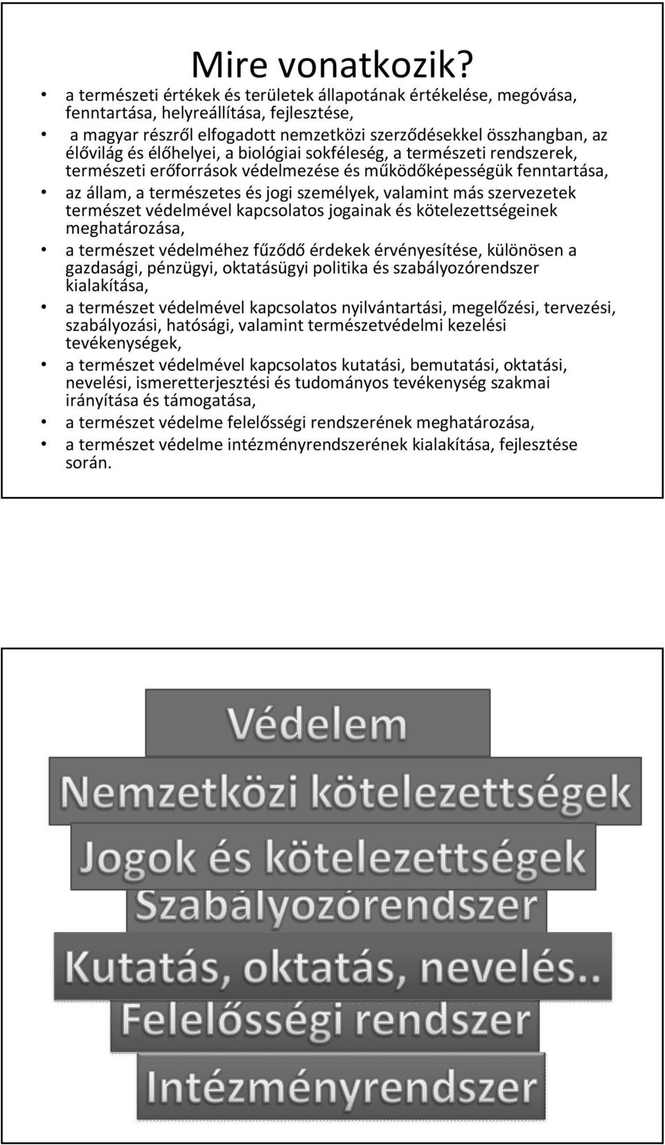 élőhelyei, a biológiai sokféleség, a természeti rendszerek, természeti erőforrások védelmezése és működőképességük fenntartása, az állam, a természetes és jogi személyek, valamint más szervezetek