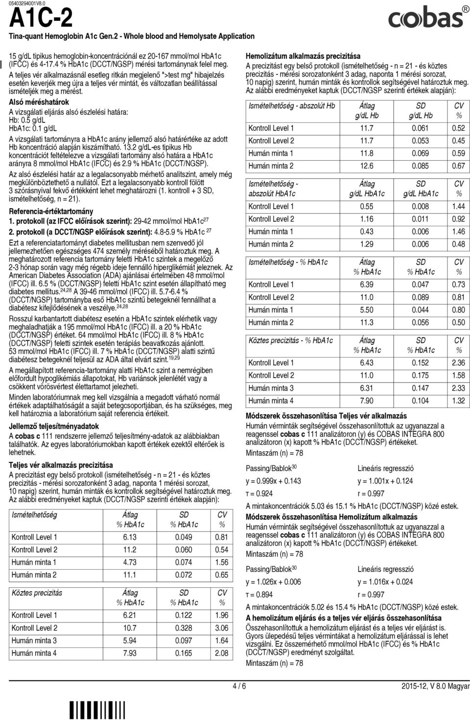 Alsó méréshatárok A vizsgálati eljárás alsó észlelési határa: Hb: 0.5 g/dl HbA1c: 0.