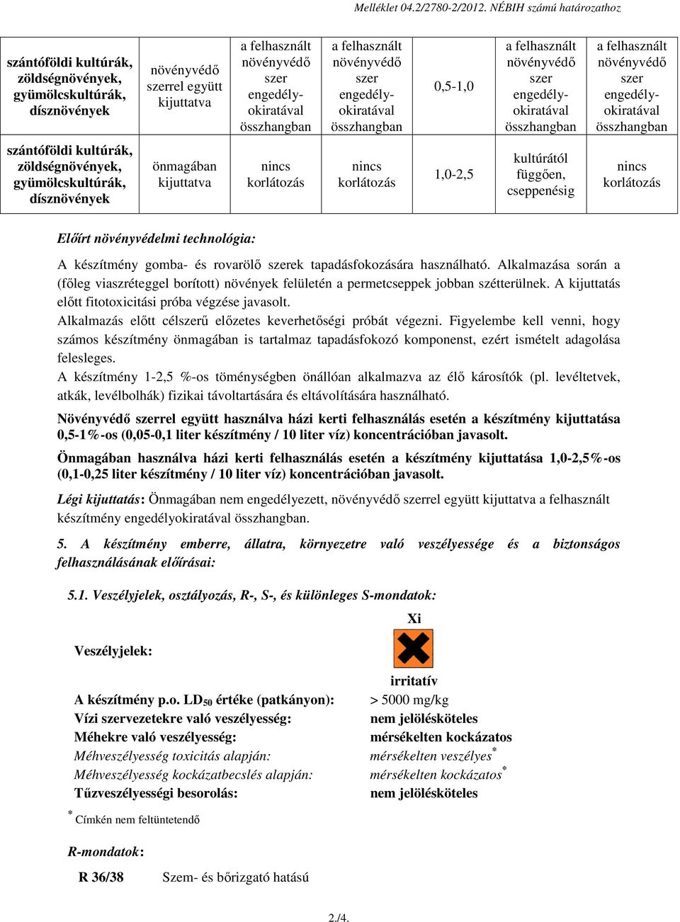 önmagában kijuttatva 1,0-2,5 kultúrától függően, cseppenésig Előírt növényvédelmi technológia: A készítmény gomba- és rovarölő ek tapadásfokozására használható.