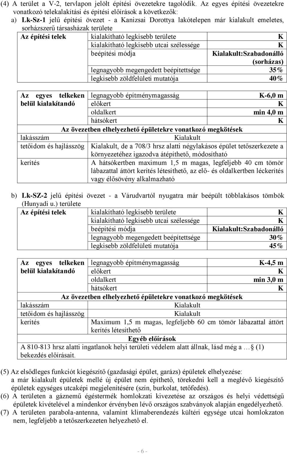 területe Az építési telek kialakítható legkisebb területe kialakítható legkisebb utcai szélessége beépítési módja ialakult:szabadonálló (sorházas) legnagyobb megengedett beépítettsége 35% legkisebb