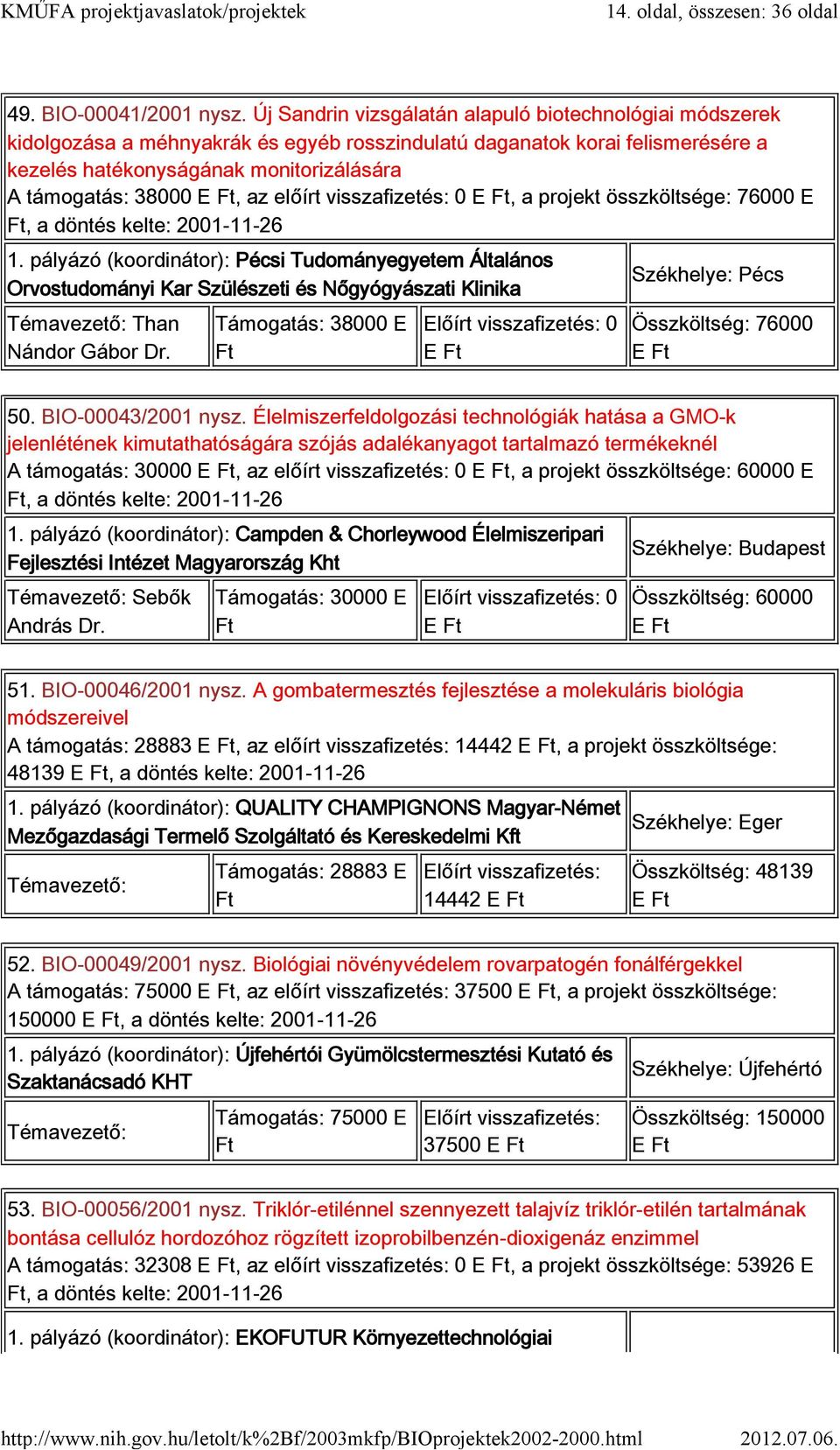 az előírt visszafizetés: 0, a projekt összköltsége: 76000 E, a döntés kelte: 2001-11-26 1.