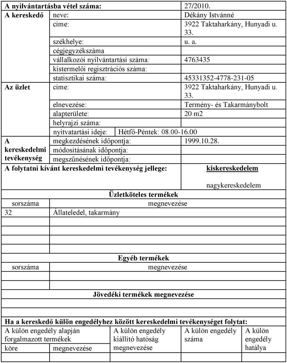 címe: 3922 Taktaharkány, Hunyadi u. 33. Termény- és Takarmánybolt 20 m2 helyrajzi : nyitvatartási ideje: Hétfő-Péntek: 08.