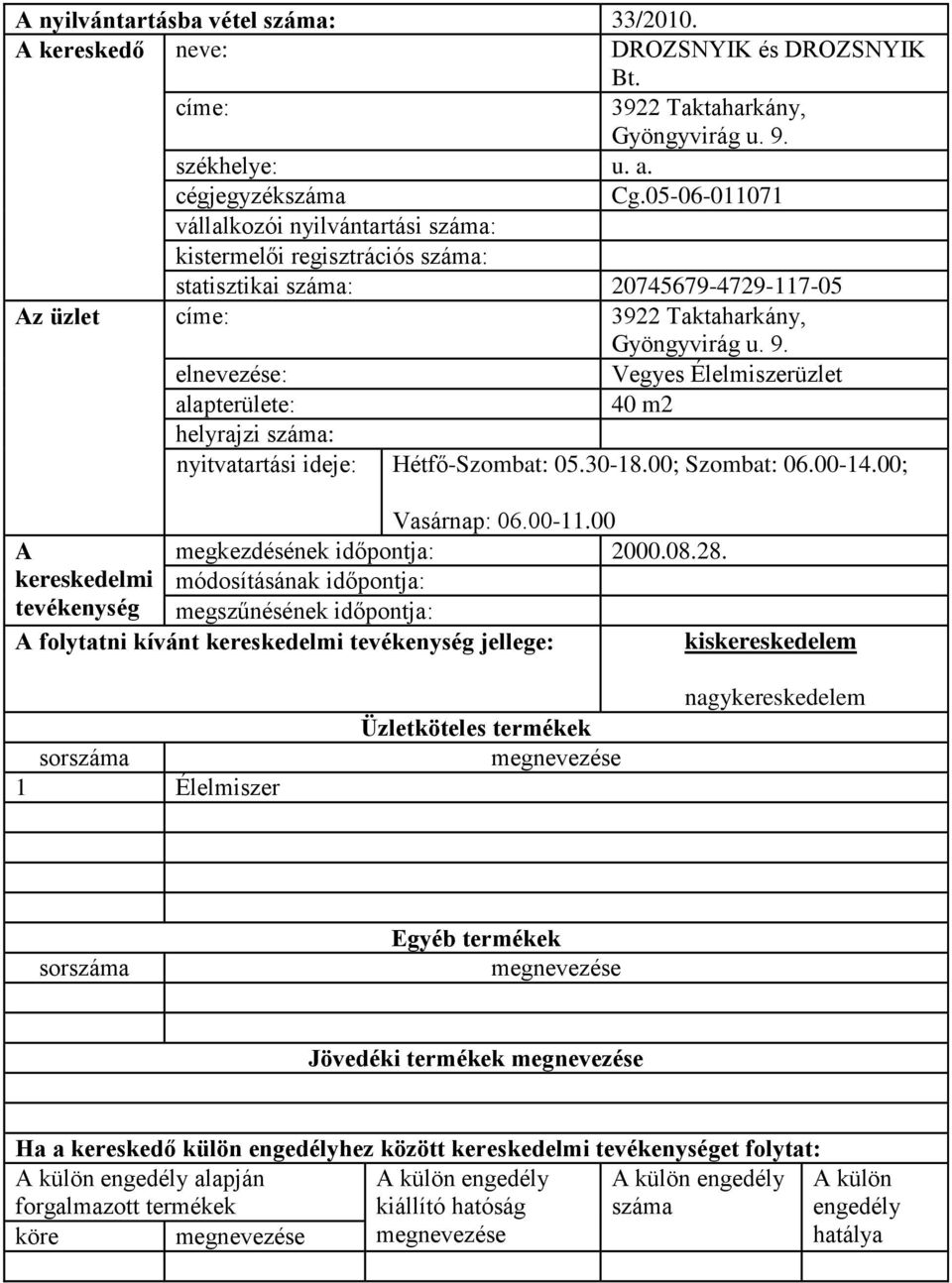 Taktaharkány, Gyöngyvirág u. 9. Vegyes Élelmiszerüzlet 40 m2 helyrajzi : nyitvatartási ideje: Hétfő-Szombat: 05.30-18.00; Szombat: 06.