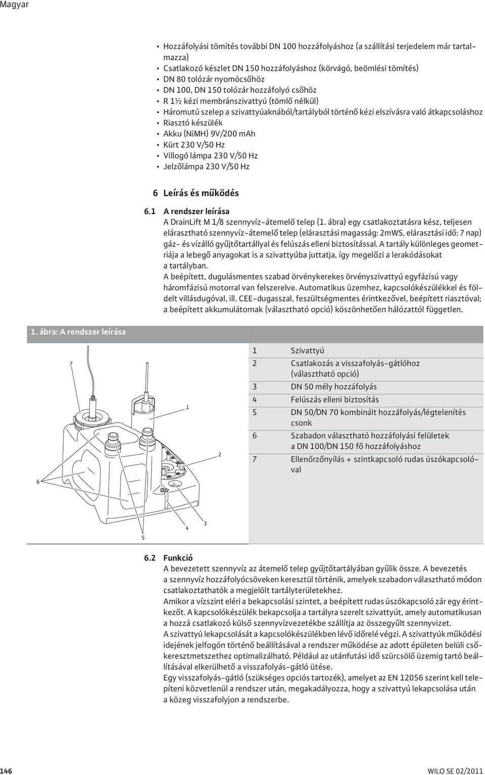 Kürt 230 V/50 Hz Villogó lámpa 230 V/50 Hz Jelz lámpa 230 V/50 Hz 6 Leírás és m ködés 6.1 A rendszer leírása A DrainLift M 1/8 szennyvíz-átemel telep (1.