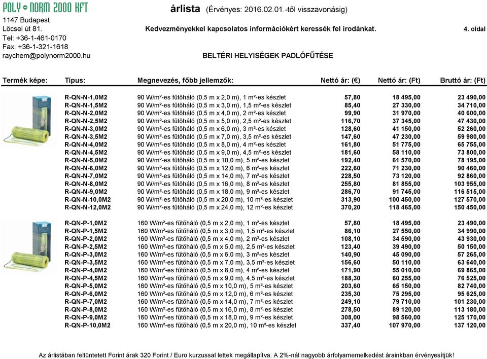 27 330,00 34 710,00 R-QN-N-2,0M2 90 W/m²-es fűtőháló (0,5 m x 4,0 m), 2 m²-es készlet 99,90 31 970,00 40 600,00 R-QN-N-2,5M2 90 W/m²-es fűtőháló (0,5 m x 5,0 m), 2,5 m²-es készlet 116,70 37 345,00 47