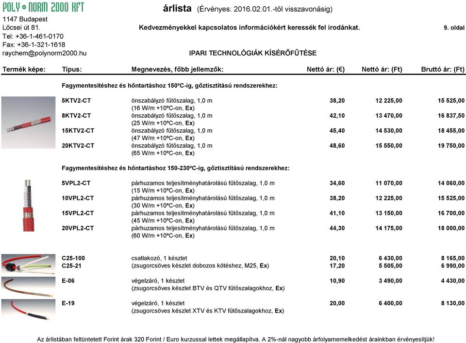 8KTV2-CT önszabályzó fűtőszalag, 1,0 m 42,10 13 470,00 16 837,50 (25 W/m +10ºC-on, Ex) 15KTV2-CT önszabályzó fűtőszalag, 1,0 m 45,40 14 530,00 18 455,00 (47 W/m +10ºC-on, Ex) 20KTV2-CT önszabályzó