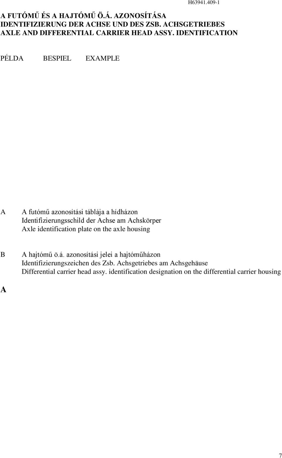 IDENTIFICATION PÉLDA BESPIEL EXAMPLE A A futómű azonosítási táblája a hídházon Identifizierungsschild der Achse am Achskörper Axle