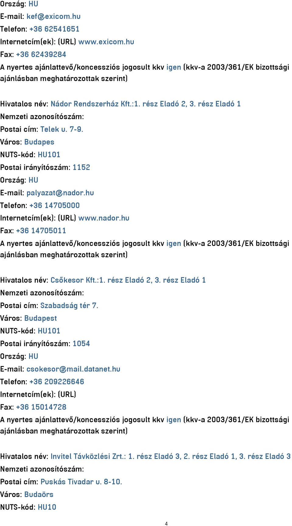 :1. rész Eladó 2, 3. rész Eladó 1 Postai cím: Szabadság tér 7. Postai irányítószám: 1054 E-mail: csokesor@mail.datanet.