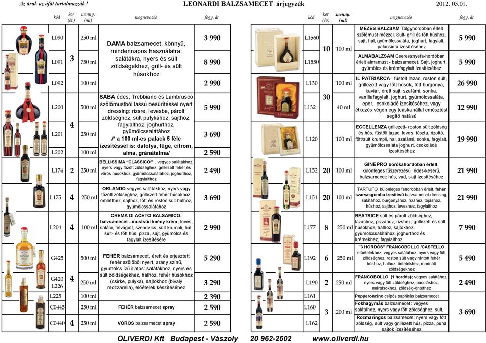 Sajt, joghurt, gyümölcs és krémfagylalt ízesítéséhez SABA édes, Trebbiano és Lambrusco 30 szőlőmustból lassú besűrítéssel nyert eper, csokoládé ízesítéséhez, vagy L200 500 ml 5 990 L132 40 ml 12 990