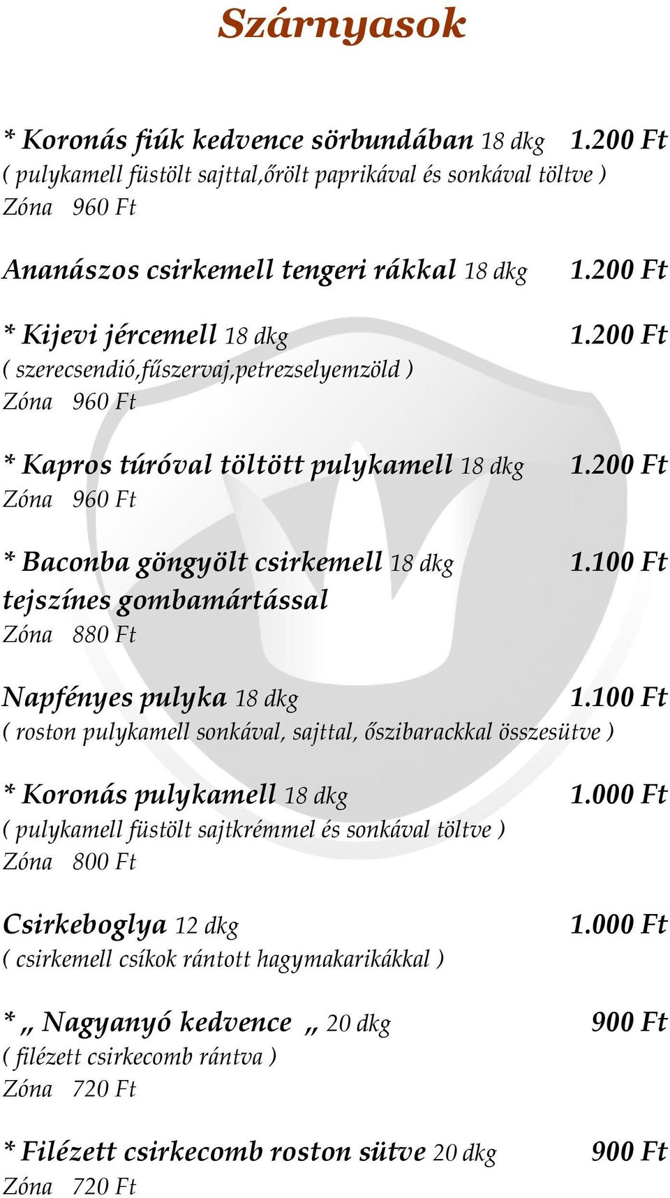 200 Ft Zóna 960 Ft * Baconba göngyölt csirkemell 18 dkg tejszínes gombamártással Zóna 880 Ft Napfényes pulyka 18 dkg ( roston pulykamell sonkával, sajttal, őszibarackkal összesütve ) * Koronás