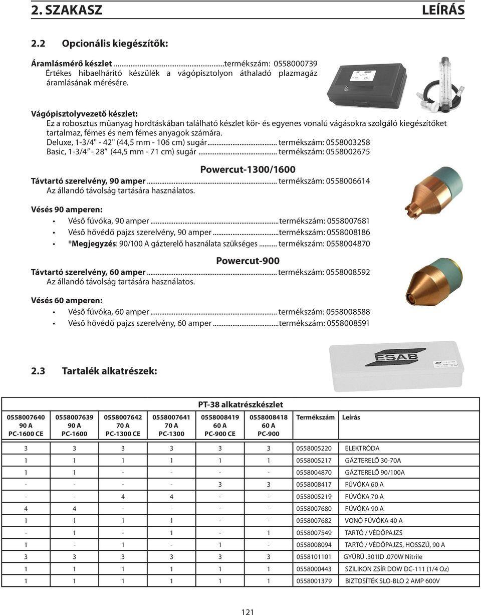 Deluxe, 1-3/4" - 42" (44,5 mm - 106 cm) sugár... termékszám: 0558003258 Basic, 1-3/4-28 (44,5 mm - 71 cm) sugár... termékszám: 0558002675 Powercut-1300/1600 Távtartó szerelvény, 90 amper.