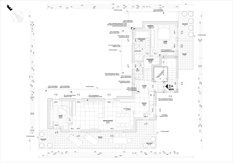 esővíz elvezetés,, lapostető átvezető gallérral szerelve GRRÓ70 0,5 m 2 ZÖLTTŐ 7,4 m 2, ÜRŐ 7,6 m 2 14,3 m 2 140 140 1 esővíz elvezetés 5 esővíz elvezetés TRSZ 7,8 m 2 15/15 cm falazott padka,