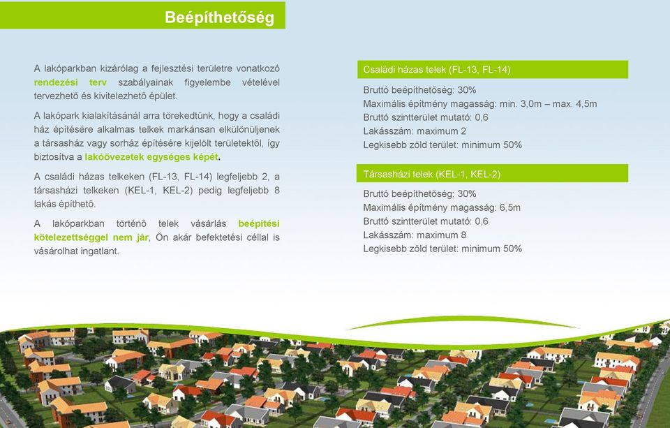 lakóövezetek egységes képét. A családi házas telkeken (FL-13, FL-14) legfeljebb 2, a társasházi telkeken (KEL-1, KEL-2) pedig legfeljebb 8 lakás építhető.