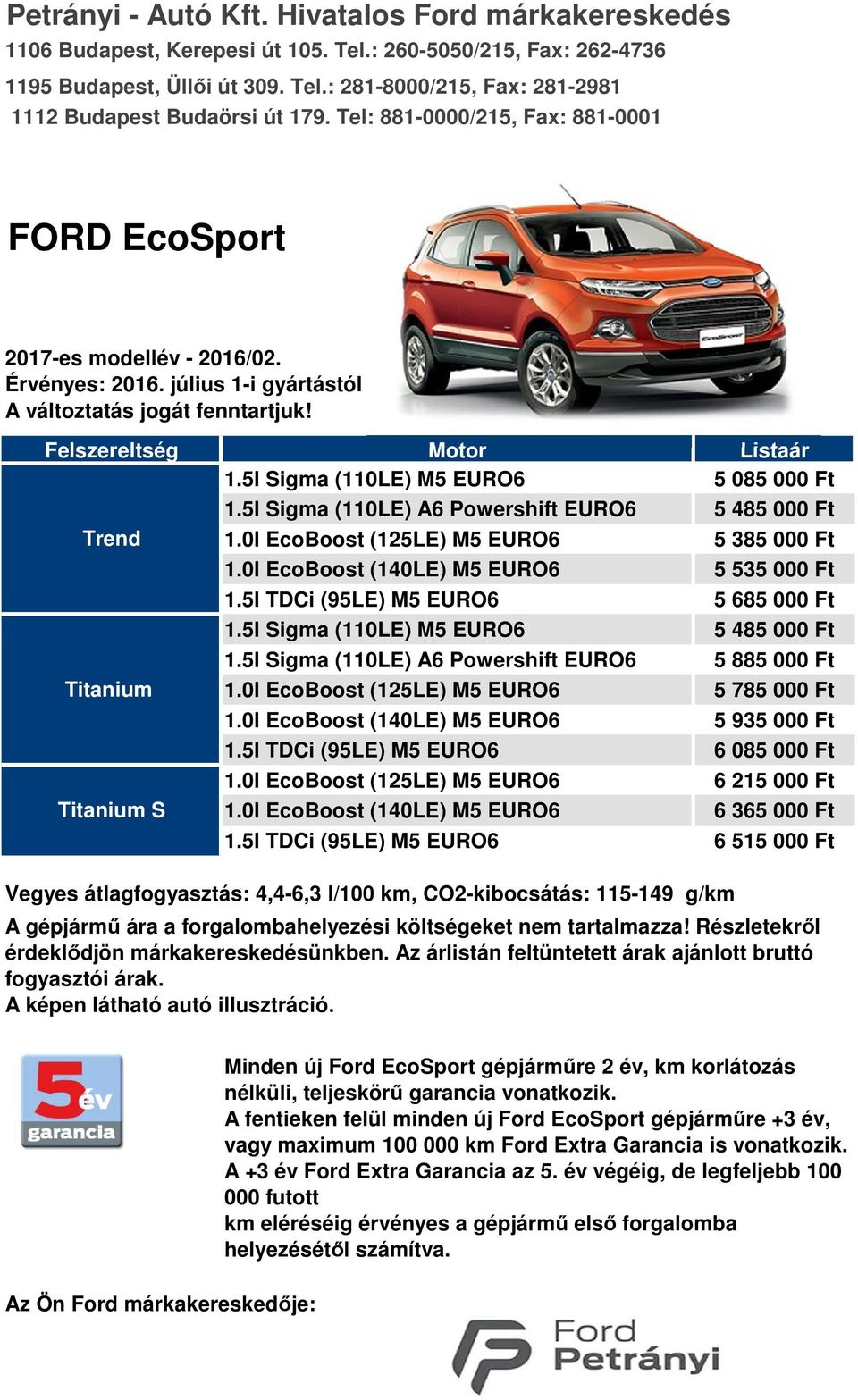 5l Sigma (110LE) A6 Powershift EURO6 5 485 000 Ft Trend 1.0l EcoBoost (125LE) M5 EURO6 5 385 000 Ft 1.0l EcoBoost (140LE) M5 EURO6 5 535 000 Ft 1.5l TDCi (95LE) M5 EURO6 5 685 000 Ft 1.