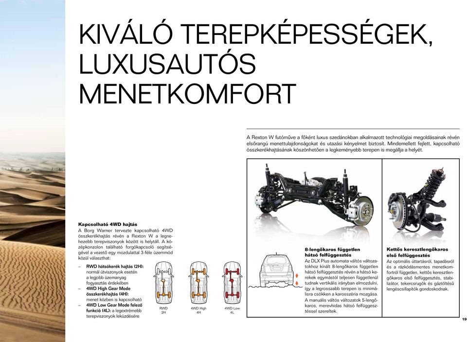 Kapcsolható 4WD hajtás A Borg Warner tervezte kapcsolható 4WD összkerékhajtás révén a Rexton W a legnehezebb terepviszonyok között is helytáll.