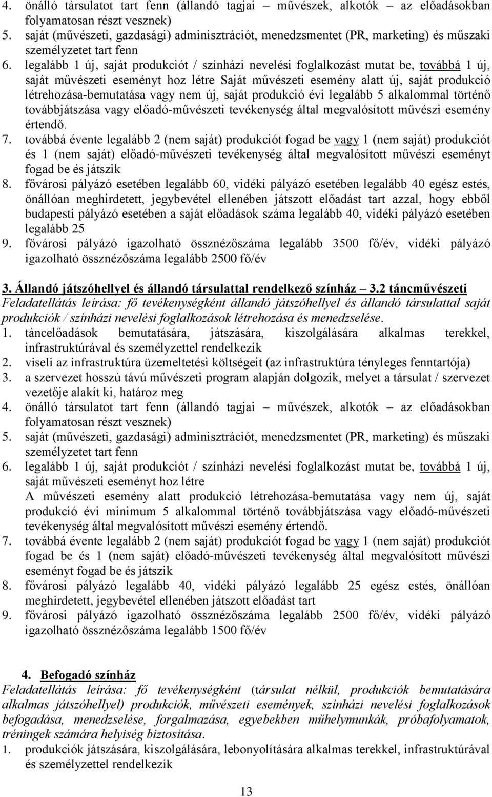 legalább 1 új, saját produkciót / színházi nevelési foglalkozást mutat be, továbbá 1 új, saját művészeti eseményt hoz létre Saját művészeti esemény alatt új, saját produkció létrehozása-bemutatása