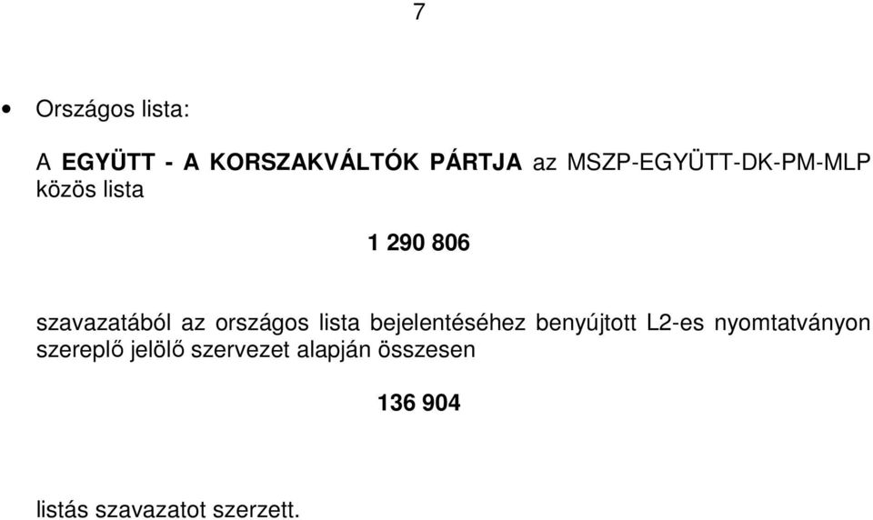 országos lista bejelentéséhez benyújtott L2-es nyomtatványon