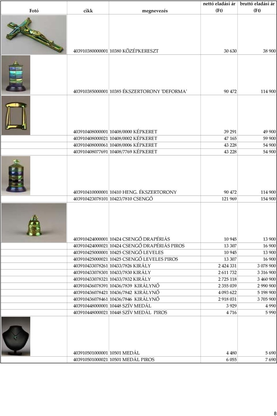 ÉKSZERTORONY 90 472 114 900 403910423078101 10423/7810 CSENGŐ 121 969 154 900 403910424000001 10424 CSENGŐ DRAPÉRIÁS 10 945 13 900 403910424000021 10424 CSENGŐ DRAPÉRIÁS PIROS 13 307 16 900
