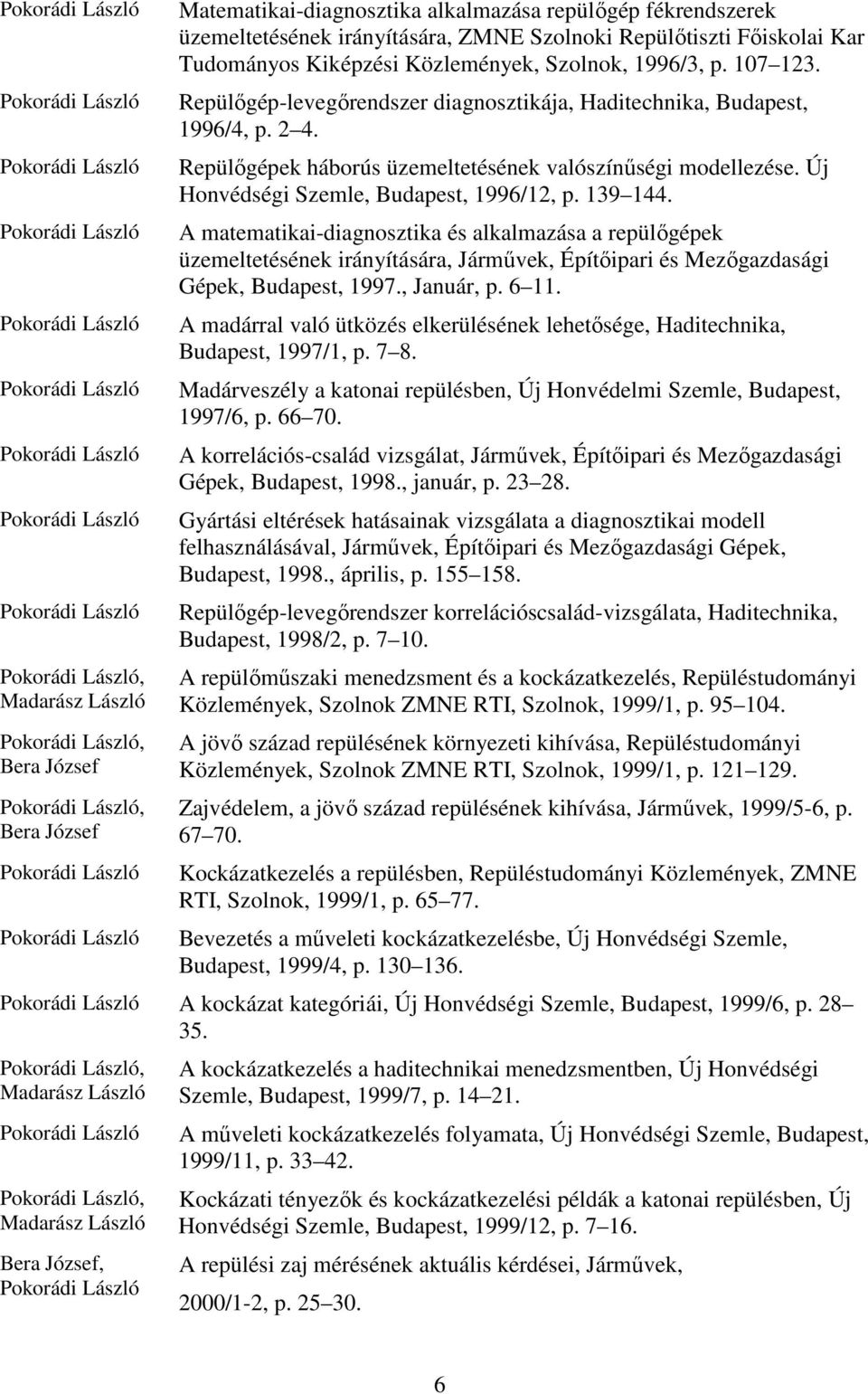 Új Honvédségi Szemle, Budapest, 1996/12, p. 139 144. A matematikai-diagnosztika és alkalmazása a repülőgépek üzemeltetésének irányítására, Járművek, Építőipari és Mezőgazdasági Gépek, Budapest, 1997.