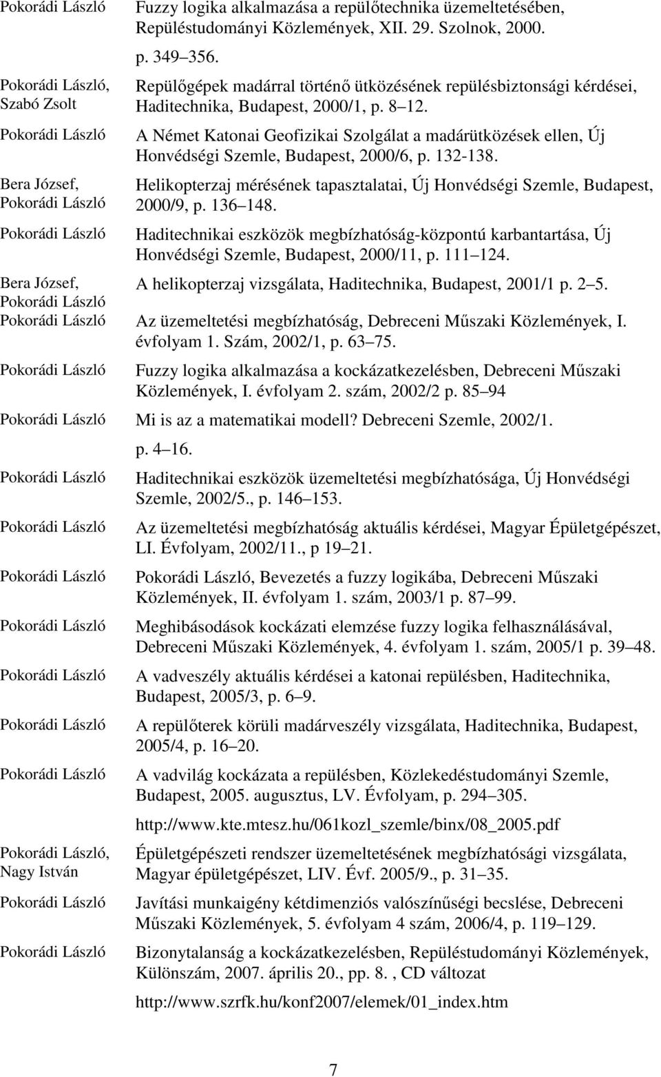 A Német Katonai Geofizikai Szolgálat a madárütközések ellen, Új Honvédségi Szemle, Budapest, 2000/6, p. 132-138. Helikopterzaj mérésének tapasztalatai, Új Honvédségi Szemle, Budapest, 2000/9, p.