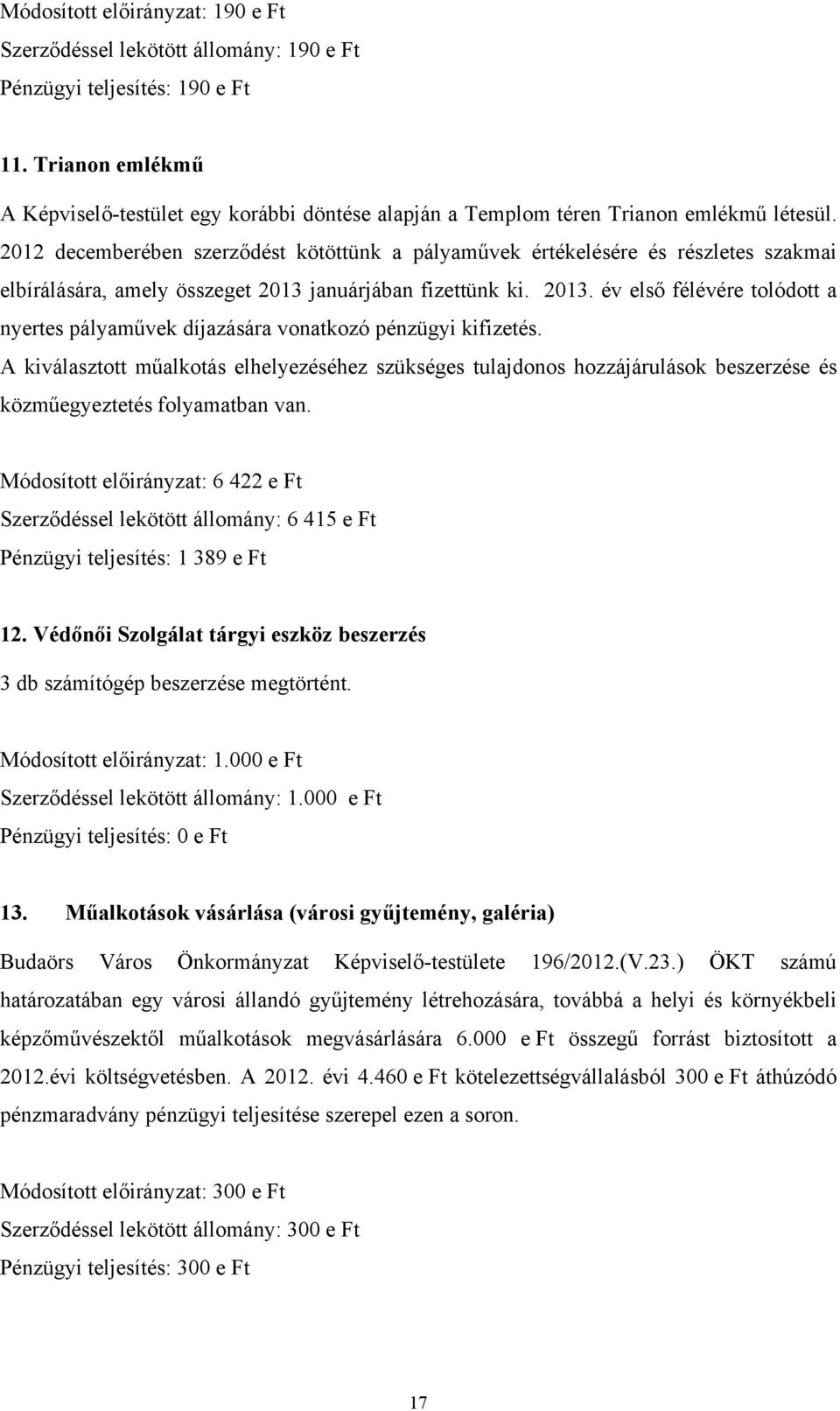 2012 decemberében szerződést kötöttünk a pályaművek értékelésére és részletes szakmai elbírálására, amely összeget 2013 
