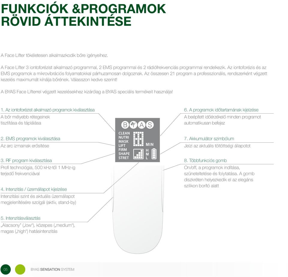 Az iontoforézis és az EMS programok a mikrovibrációs folyamatokkal párhuzamosan dolgoznak. Az összesen 21 program a professzionális, rendszerként végzett kezelés maximumát kínálja bőrének.