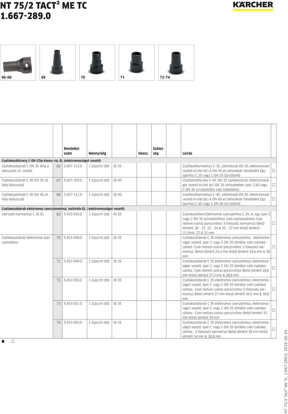 0 1 Zajszint (db) ID 35 Csatlkozókarmantyú C-35, zárórésszel DN 35, elektromosan vezető kivitel (el.) A DN 35-es tartozékok felvételére Egy iparihoz C 35 vagy C-DN 35 Szívótömlő 67 5.407-109.