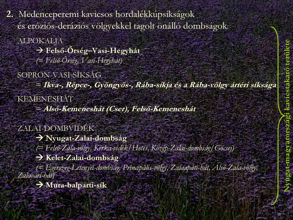 Felső-Őrség, Vasi-Hegyhát) SOPRON-VASI-SÍKSÁG = Ikva-, Répce-, Gyöngyös-, Rába-síkja és a Rába-völgy ártéri síksága KEMENESHÁT = Alsó-Kemeneshát