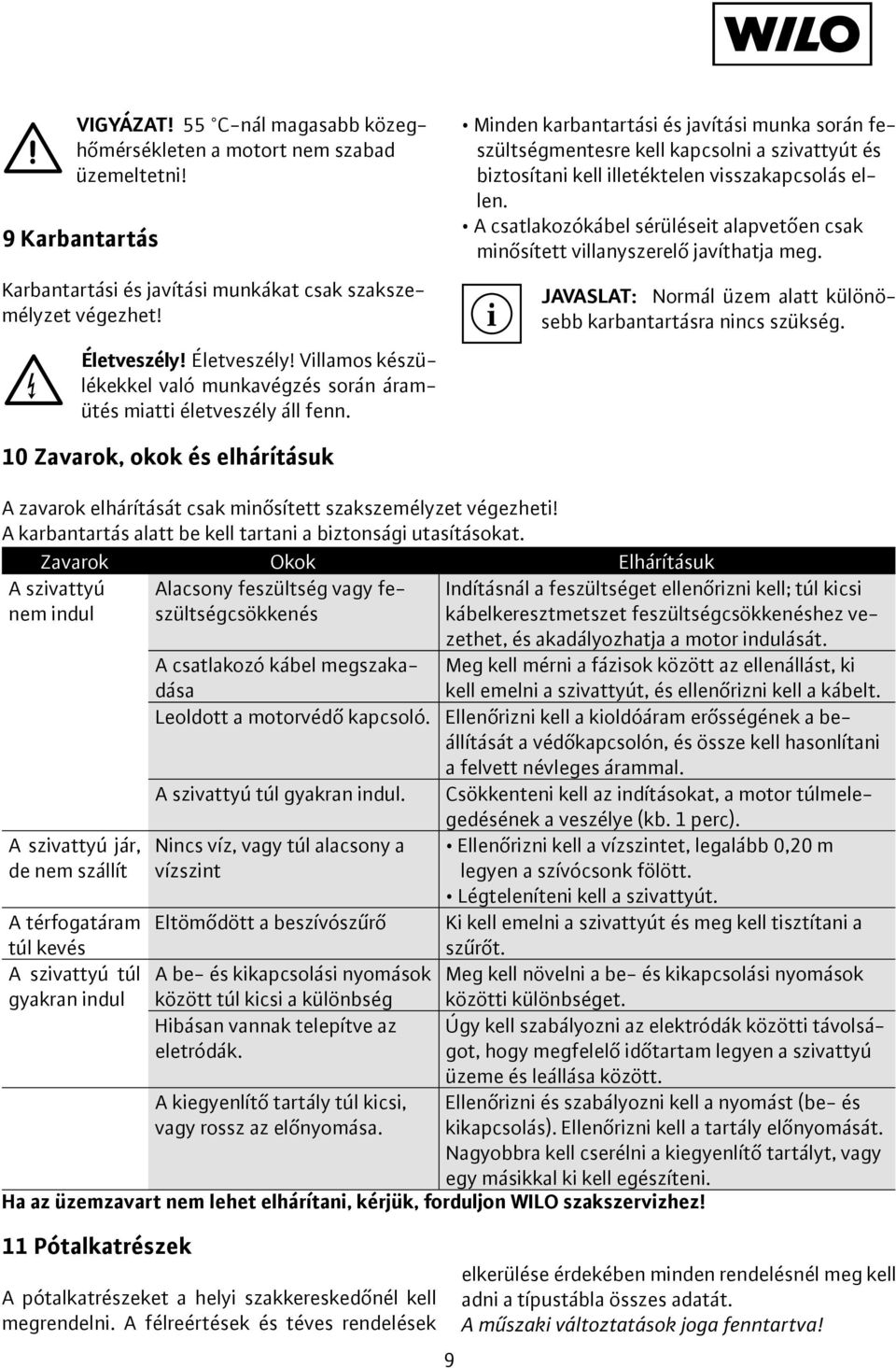 Minden karbantartási és javítási munka során feszültségmentesre kell kapcsolni a szivattyút és biztosítani kell illetéktelen visszakapcsolás ellen.