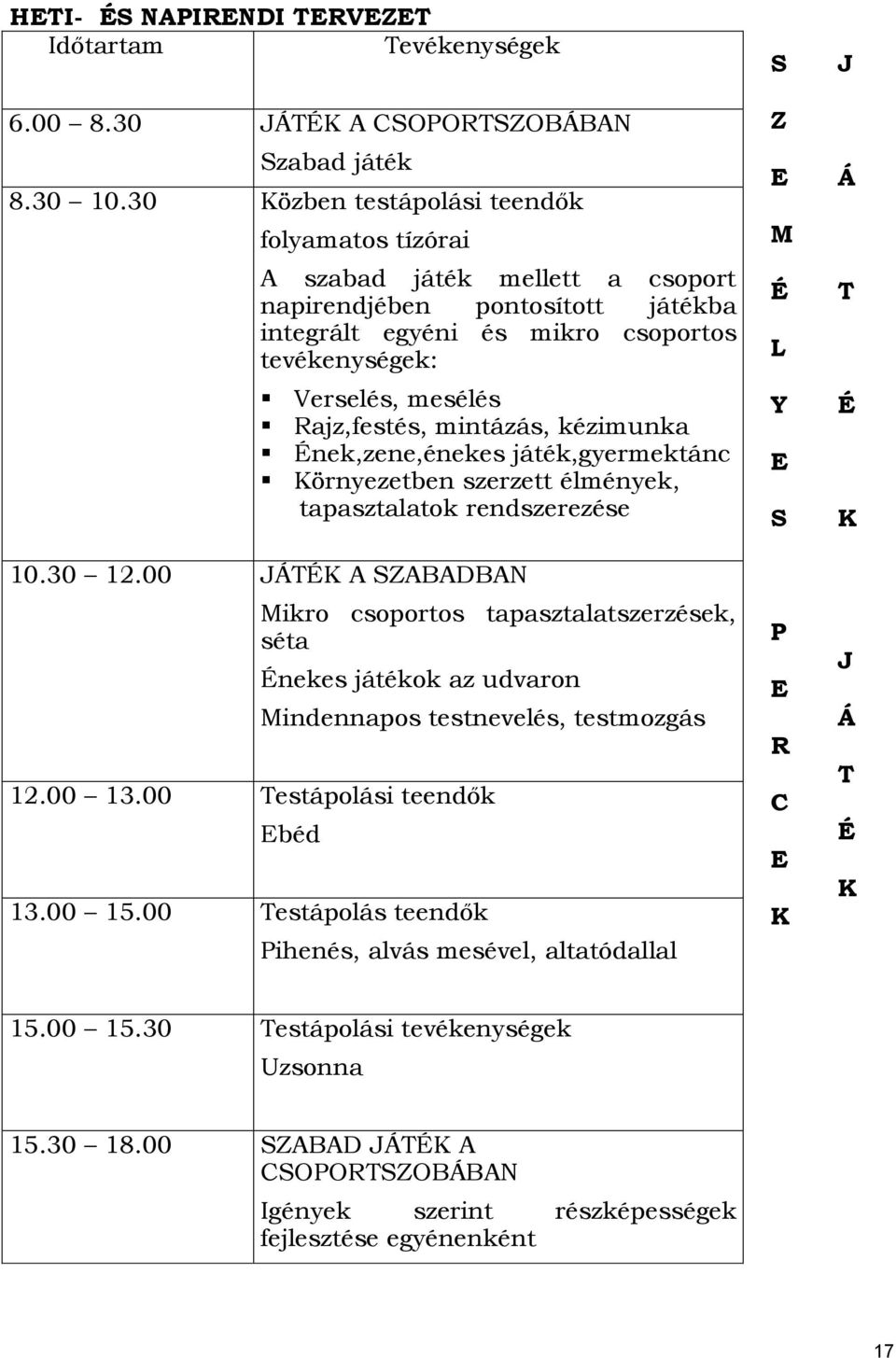 mintázás, kézimunka Ének,zene,énekes játék,gyermektánc Környezetben szerzett élmények, tapasztalatok rendszerezése 10.30 12.