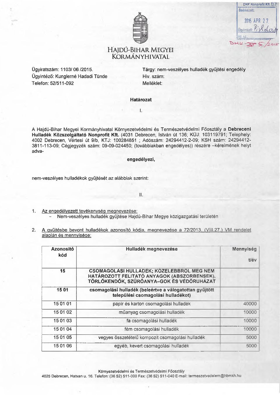A Hajdú-Bihar Megyei Kormányhivatal Környezetvédelmi és Természetvédelmi Főosztály a Debreceni Hulladék Közszolgáltató Nonprofit Kft.