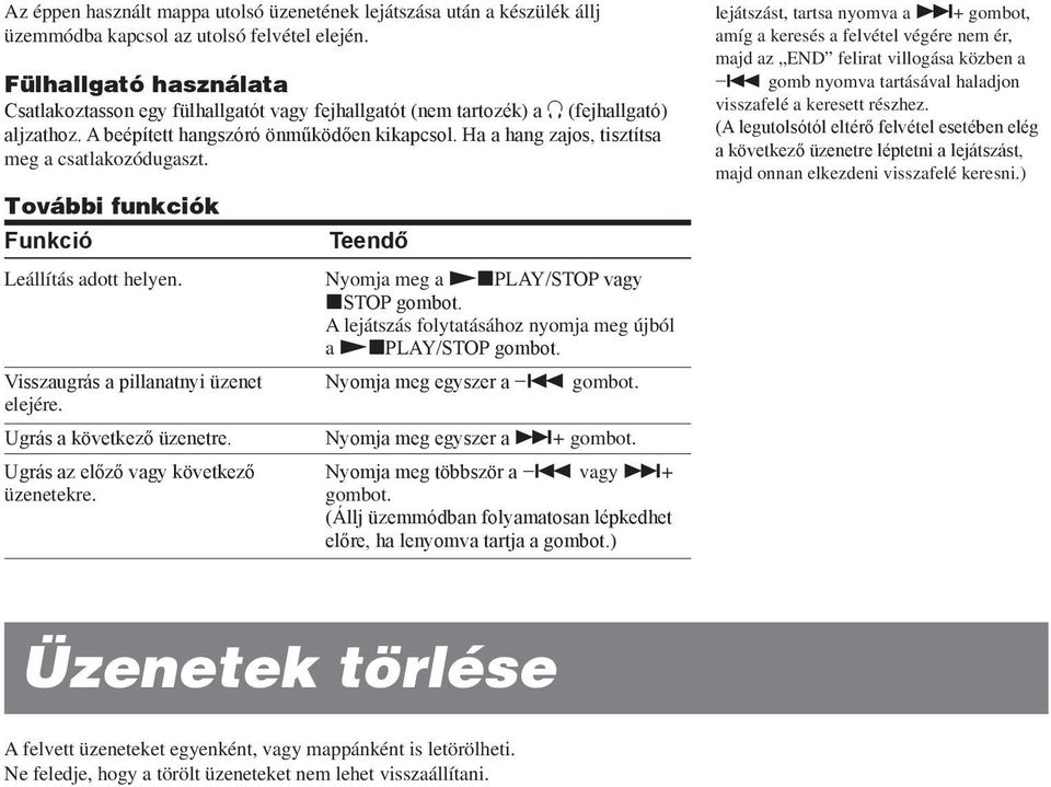 Ha a hang zajos, tisztítsa meg a csatlakozódugaszt. További funkciók Funkció Teendő Leállítás adott helyen.