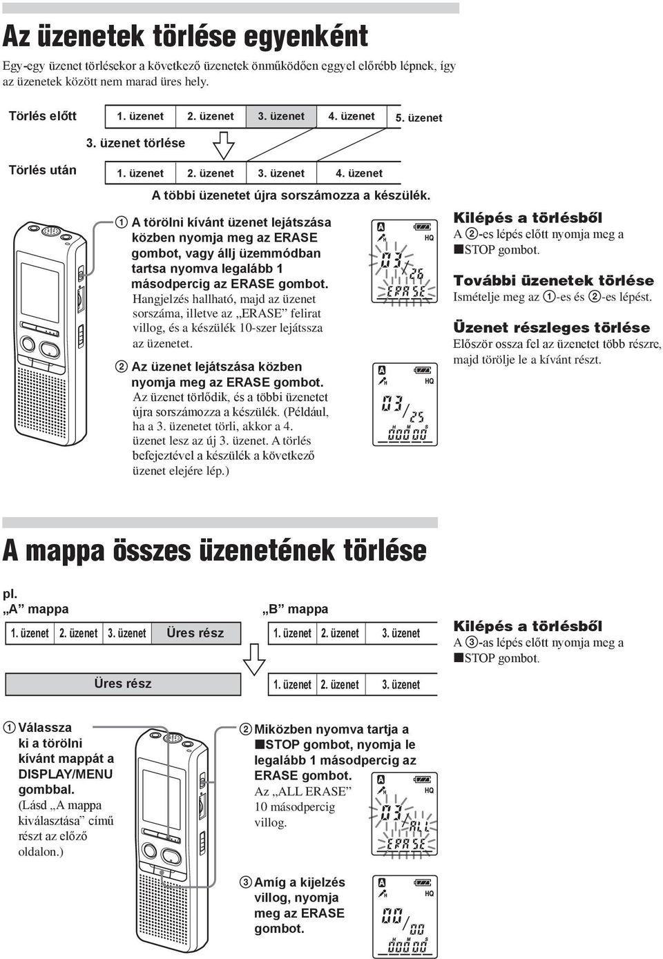 üzenet 1 A törölni kívánt üzenet lejátszása közben nyomja meg az ERASE gombot, vagy állj üzemmódban tartsa nyomva legalább 1 másodpercig az ERASE Hangjelzés hallható, majd az üzenet sorszáma, illetve