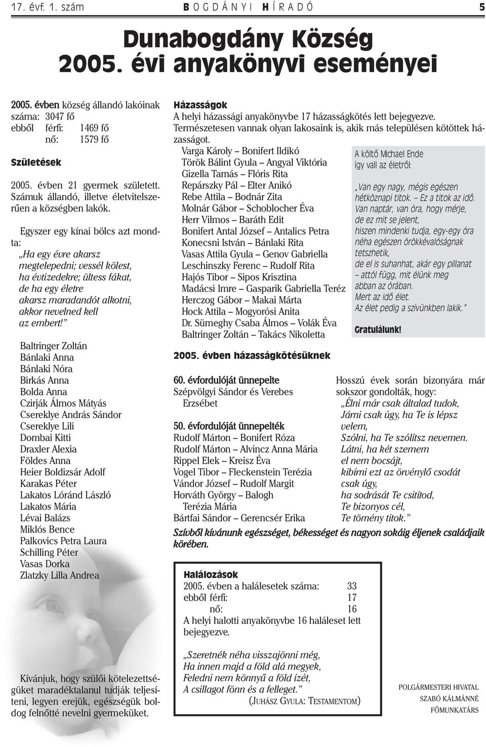 Egyszer egy kínai bölcs azt mondta: Ha egy évre akarsz megtelepedni; vessél kölest, ha évtizedekre; ültess fákat, de ha egy életre akarsz maradandót alkotni, akkor nevelned kell az embert!