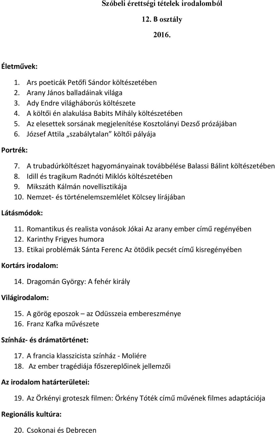A trubadúrköltészet hagyományainak továbbélése Balassi Bálint költészetében 8. Idill és tragikum Radnóti Miklós költészetében 9. Mikszáth Kálmán novellisztikája 10.
